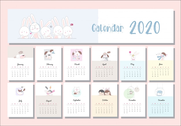 Calendário animal bonito dos desenhos animados conjunto 2020 | Vetor