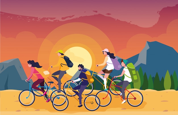 Campistas em cena bela paisagem com bicicletas Vetor Premium