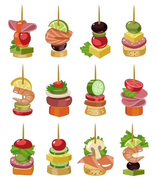 Canape Da Ilustração Do Vetor Dos Desenhos Animados Do Aperitivo Canape Para O ícone Ajustado 