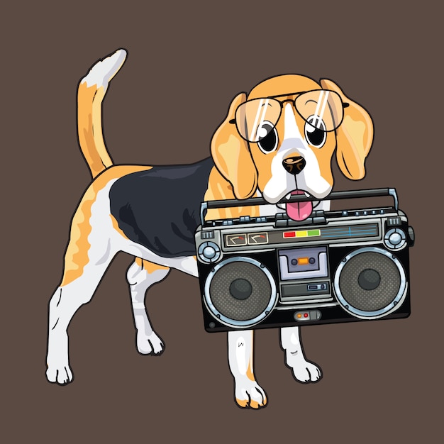 Cão bonito mordendo um boombox Vetor Premium