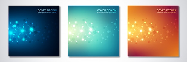 Capa ou brochura, com moléculas e rede neural Vetor Premium