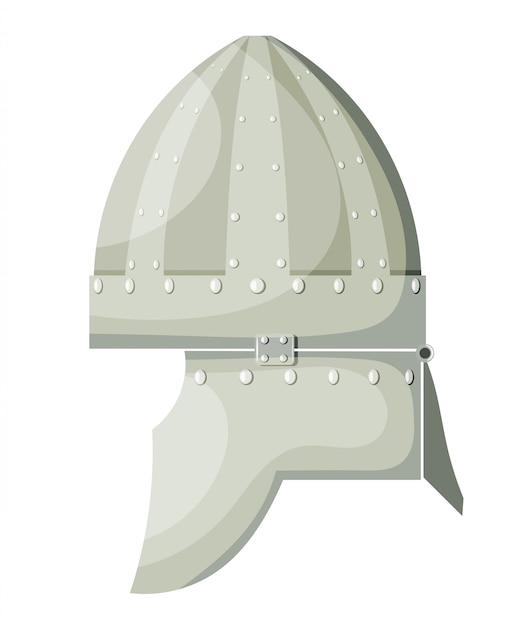 Capacete antigo do metal dos desenhos animados conservados em estoque do vetor com os rebites no fundo branco. armas de guerreiro de elemento. stock vector Vetor Premium