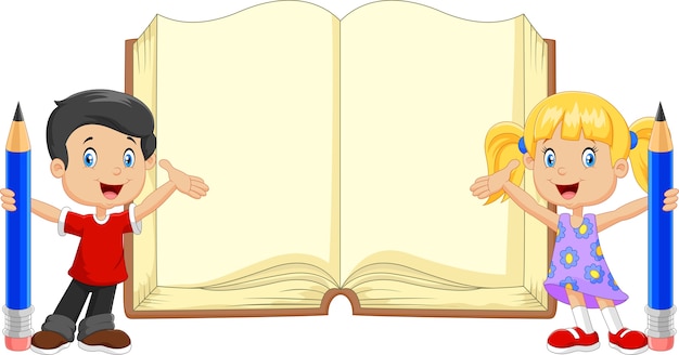 Caricatura, crianças, com, lápis, e, livro Vetor Premium