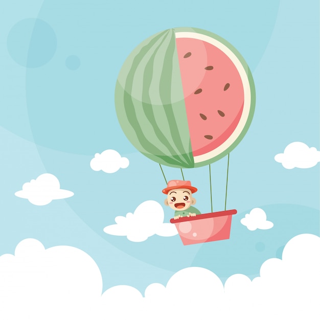Caricatura, crianças, montando, um, ar quente, balloon, melancia Vetor Premium