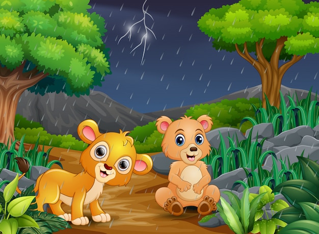 Caricatura, um, urso, e, leão bebê, em, um, floresta, sob, a, chuva Vetor Premium