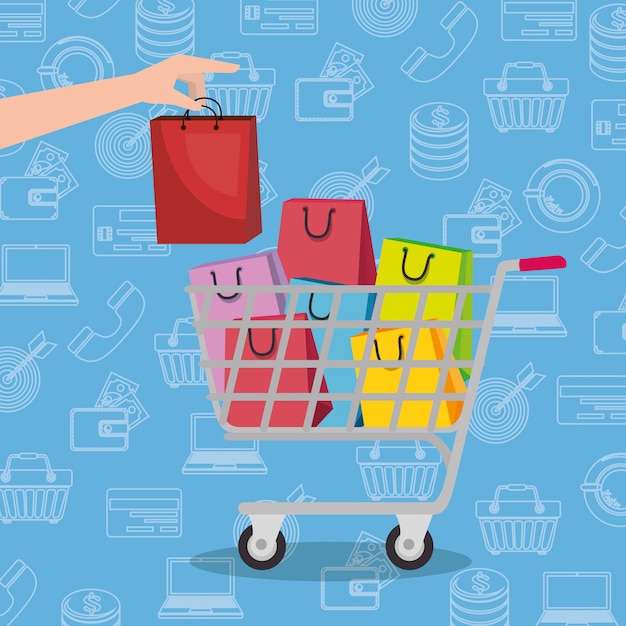 Carrinho de compras com marketing conjunto de ícones Vetor grátis