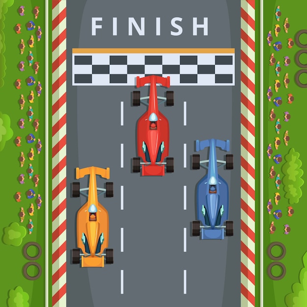 Carros de corrida na linha de chegada. ilustrações de corridas de vista superior Vetor Premium