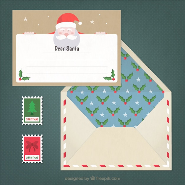 Carta para papai noel e bonito do envelope com selos 