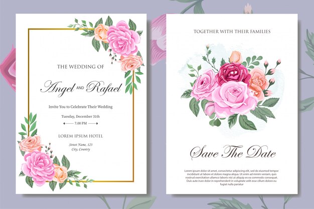Cartão de convite de casamento com lindas flores e folhas Vetor Premium