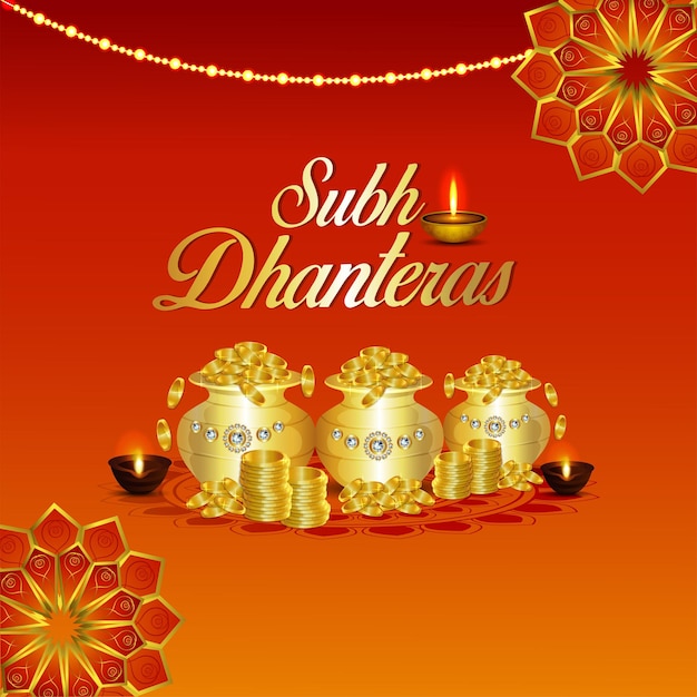 Cartão de convite feliz dhanteras pote de moedas de ouro Vetor