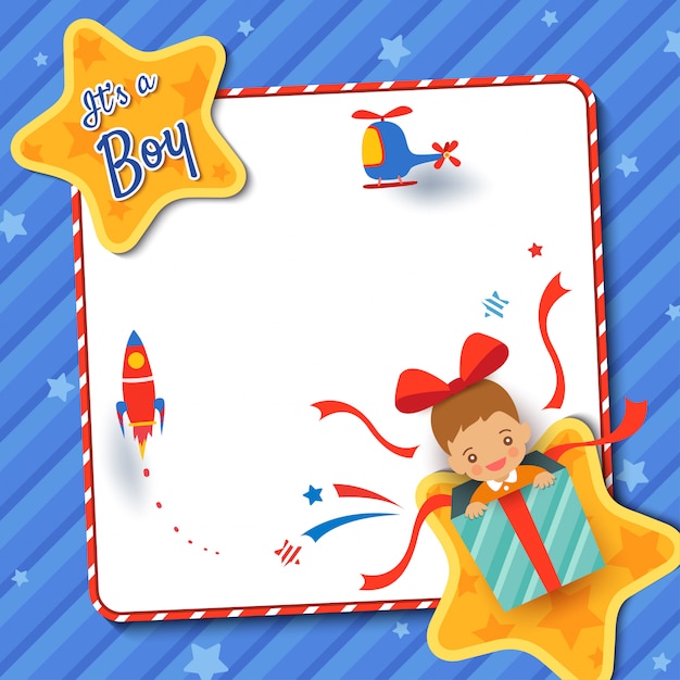 Cartão do chuveiro de bebê com um menino na caixa atual no fundo do azul do quadro da estrela. Vetor Premium