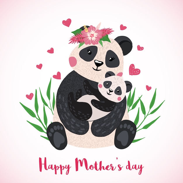 Cartão feliz do dia de mães com o panda bonito com estilo tirado do bebê à disposição. Vetor Premium