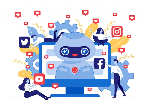 Cartaz como bot para redes sociais cartoon flat. Vetor Premium