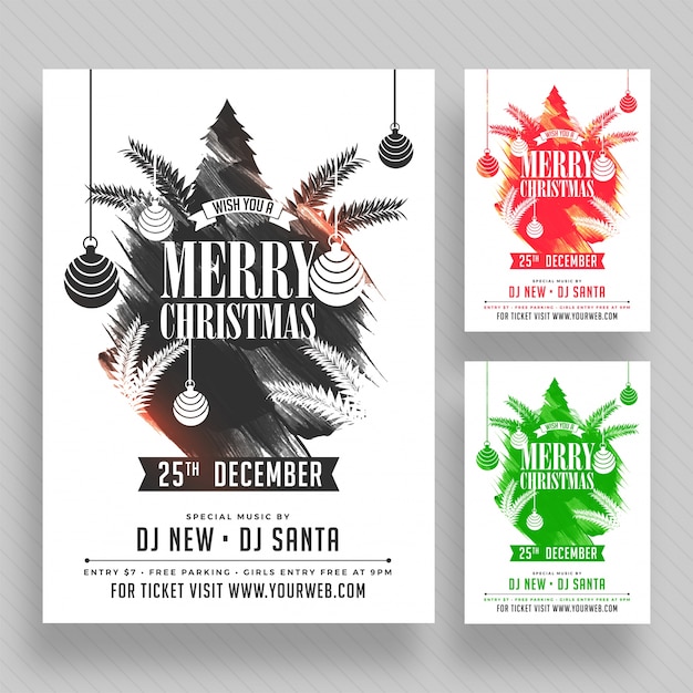 Cartaz de festa de natal design de banner ou flyer em três opções de