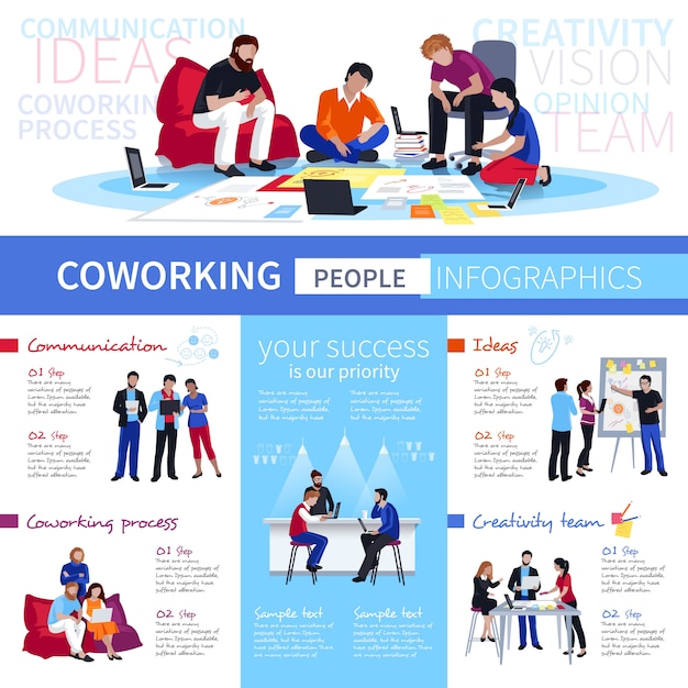 Cartaz de infográfico plana de pessoas de coworking Vetor grátis