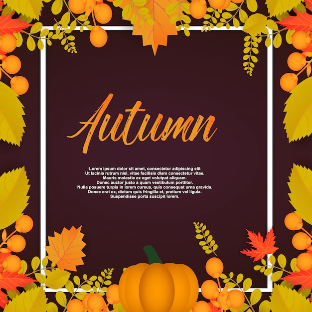 Cartaz de outono com folhas e elementos florais. Vetor Premium