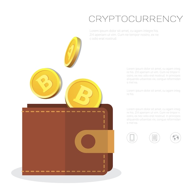 Carteira de bitcoin com moeda de ouro ícone criptografia de moeda e conceito de negociação Vetor Premium