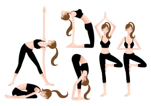 Cartoon female yoga trainer permite que você pratique yoga sozinho. Vetor Premium
