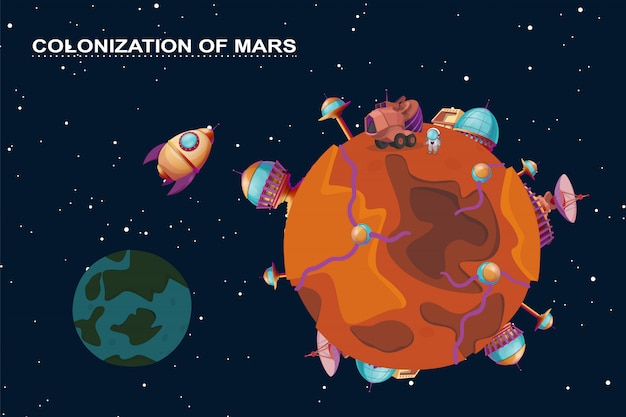 Cartoon marte conceito de colonização. planeta vermelho no espaço, cosmos com edifícios de colônia Vetor grátis