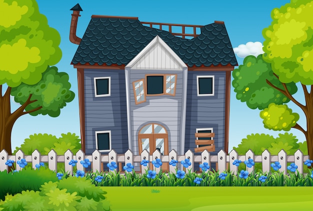 Casa antiga com lindo jardim Vetor Premium