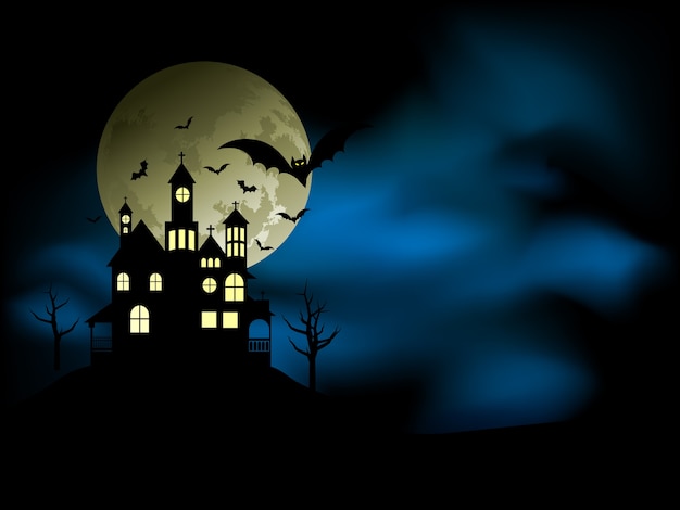 Casa assustadora com um céu noturno assustador e morcegos Vetor grátis
