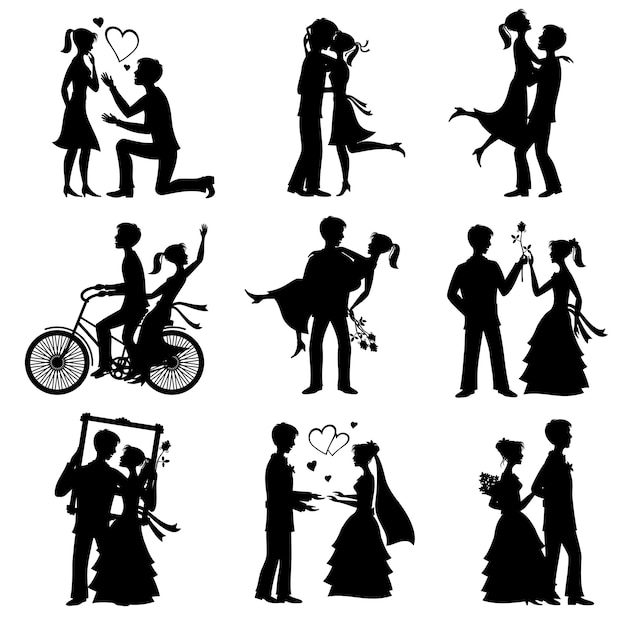 Casais De Amor Romântico Vector Silhouettes Vetor Premium 