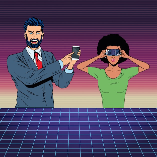 Casal com fone de realidade virtual Vetor Premium