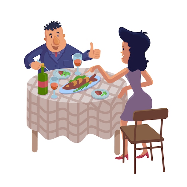 Casal comendo comida caseira plana ilustração dos desenhos animados marido e esposa jantar