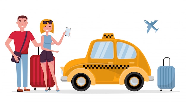 Casal de turistas jovem e mulher com malas esperando por táxi Vetor Premium