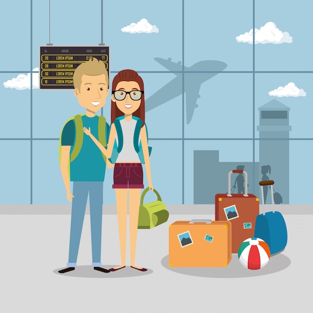 Casal de viajantes nos personagens do aeroporto Vetor grátis