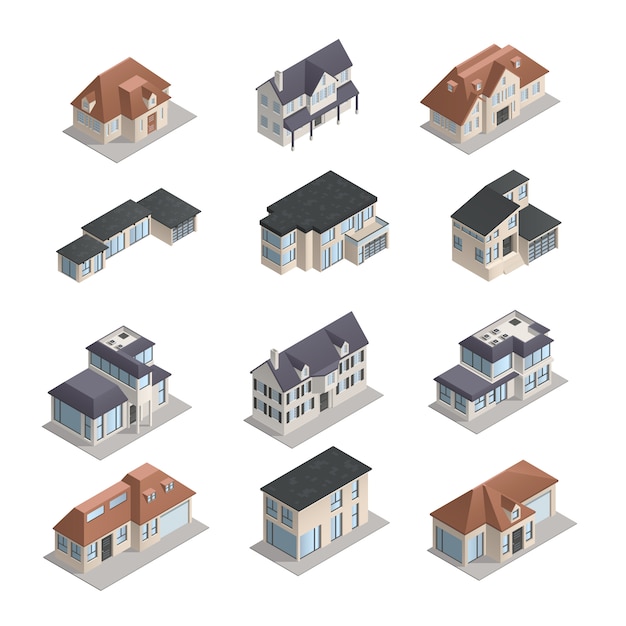 Casas suburbanas low-rise isométricas mpdern de forma diferente conjunto isolado Vetor grátis