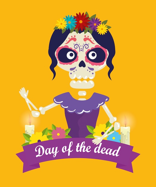 Catrina com decoração de caveira e flores para o dia do evento morto Vetor grátis