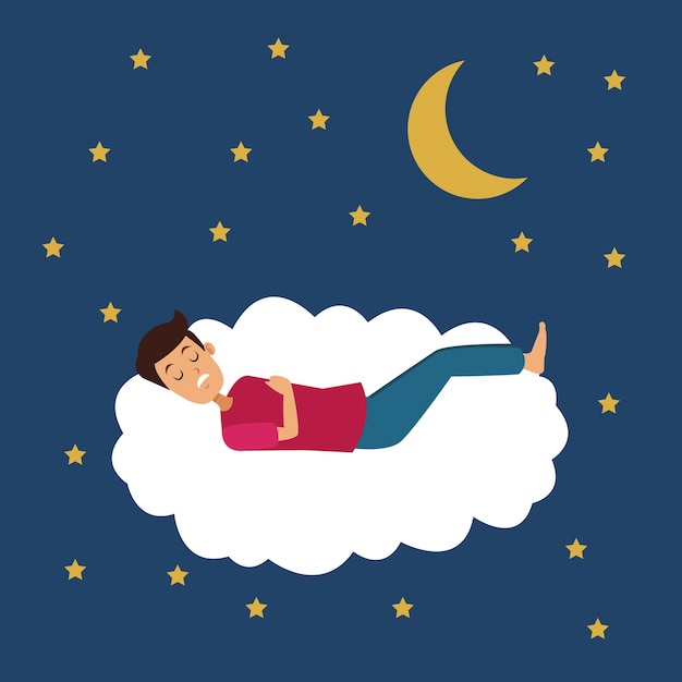 Cena colorida da noite com o rapaz dormem na nuvem com a lua e as estrelas Vetor Premium