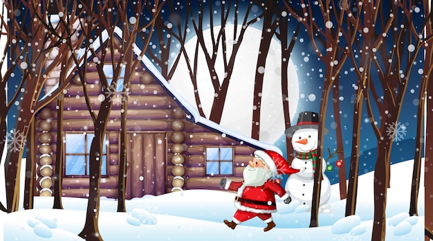 Cena com papai noel e boneco de neve na noite de neve Vetor grátis