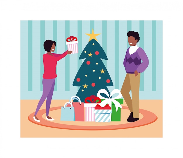 Cena de casal com árvore de natal e presente Vetor Premium