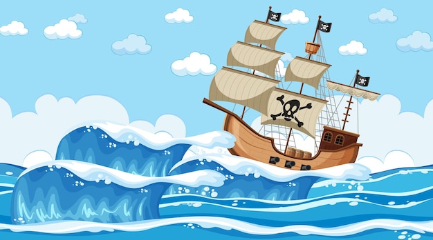 Cena Do Oceano Durante O Dia Com O Navio Pirata Em Estilo Cartoon Vetor Premium