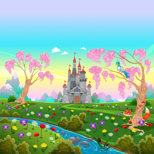 Cenário de conto de fadas com ilustração vetorial castelo dos desenhos animados Vetor grátis