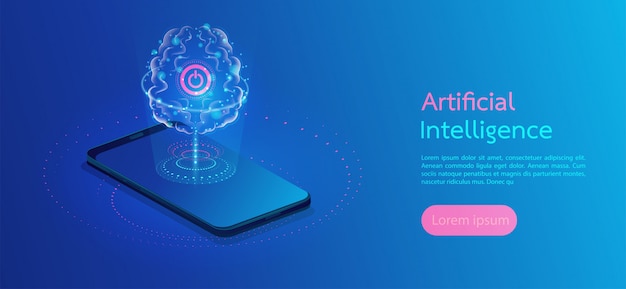 Cérebro com circuito digital artificial intelligence landing page Vetor Premium
