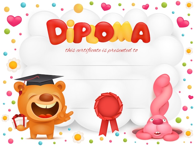 Certificado de modelo de diploma com ursinho de pelúcia e personagens de desenhos animados de coelho rosa. Vetor Premium