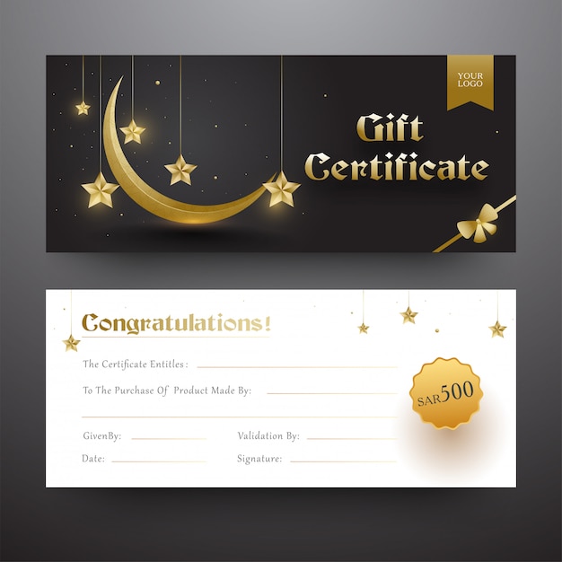 Certificado de presente ou layout de comprovante na frente e verso fonte com g Vetor Premium