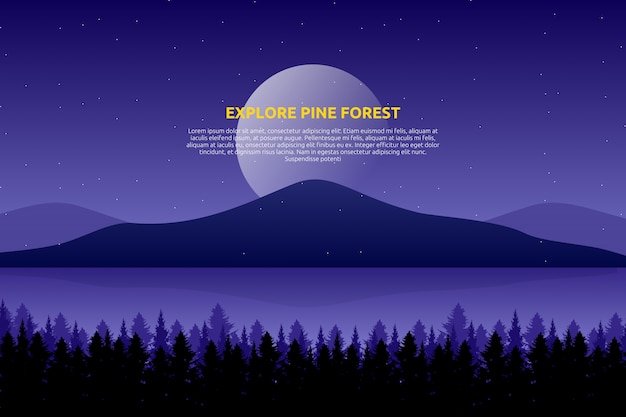 Céu roxo do cenário e mar com noite estrelada e madeira de pinheiro na montanha Vetor Premium