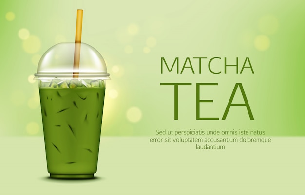 Chá verde matcha com cubos de gelo no copo para viagem Vetor grátis