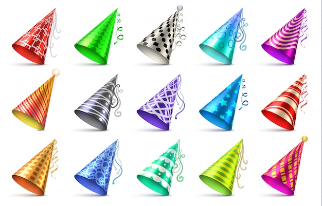 Chapéu de papel de cone com elementos de decoração de aniversário. conjunto de vetor isolado de tampas de festa Vetor Premium