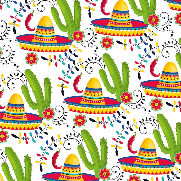 Chapéu mexicano com cactos e fundo de pimentão Vetor Premium