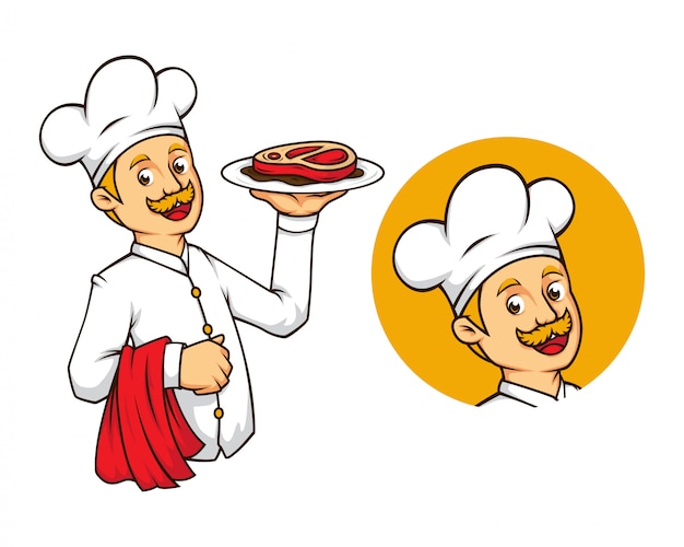 Chef ocidental com mascote de bife Vetor Premium