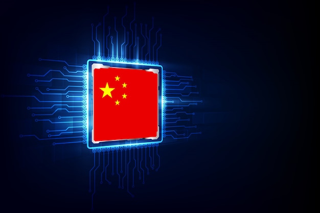 Chips de computador sobre fundo digital com bandeira da china Vetor Premium