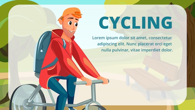 Ciclismo banner cartoon homem bicicleta esporte de verão Vetor Premium