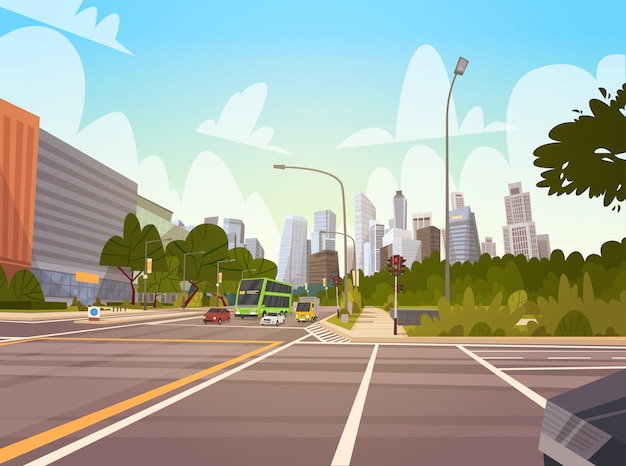 Cidade, rua, arranha-céu, edifícios, estrada, vista moderna, paisagem urbana, cingapura, centro cidade Vetor Premium
