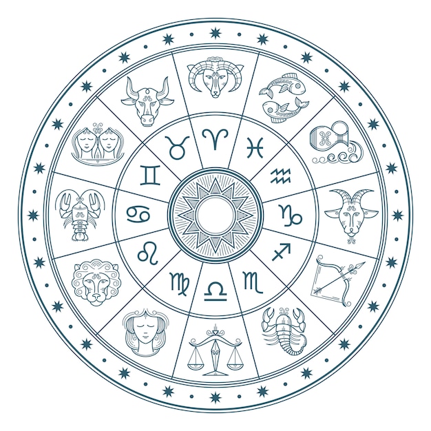 Círculo de horóscopo de astrologia com signos do zodíaco vector fundo Vetor Premium