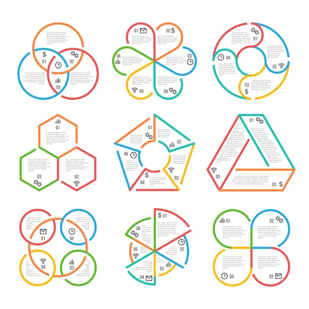 Círculo de linha grossa cor, diagramas de contorno de negócios triangular, hexagonal, pentagonal infográficos diag Vetor Premium